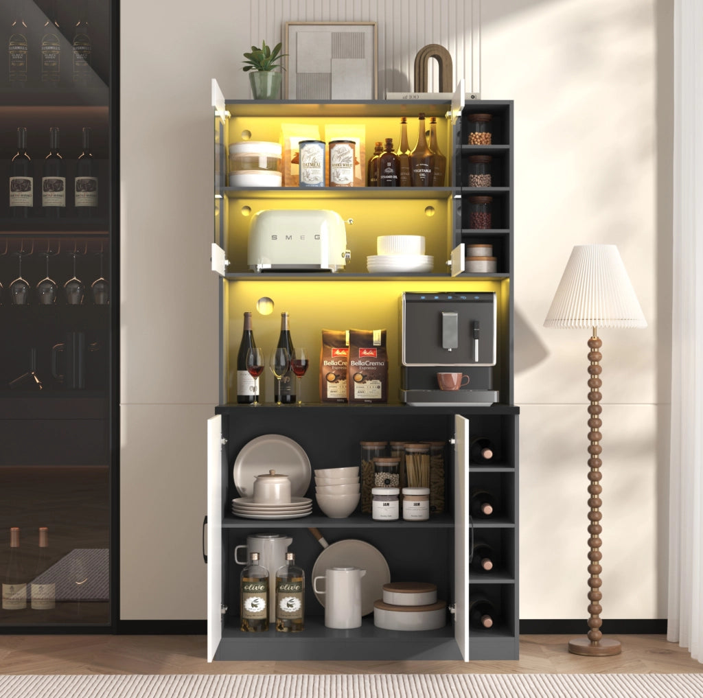 Mobile cucina moderno 100x47x187 cm in MDF e vetro rinforzato; grigio e bianco con LED