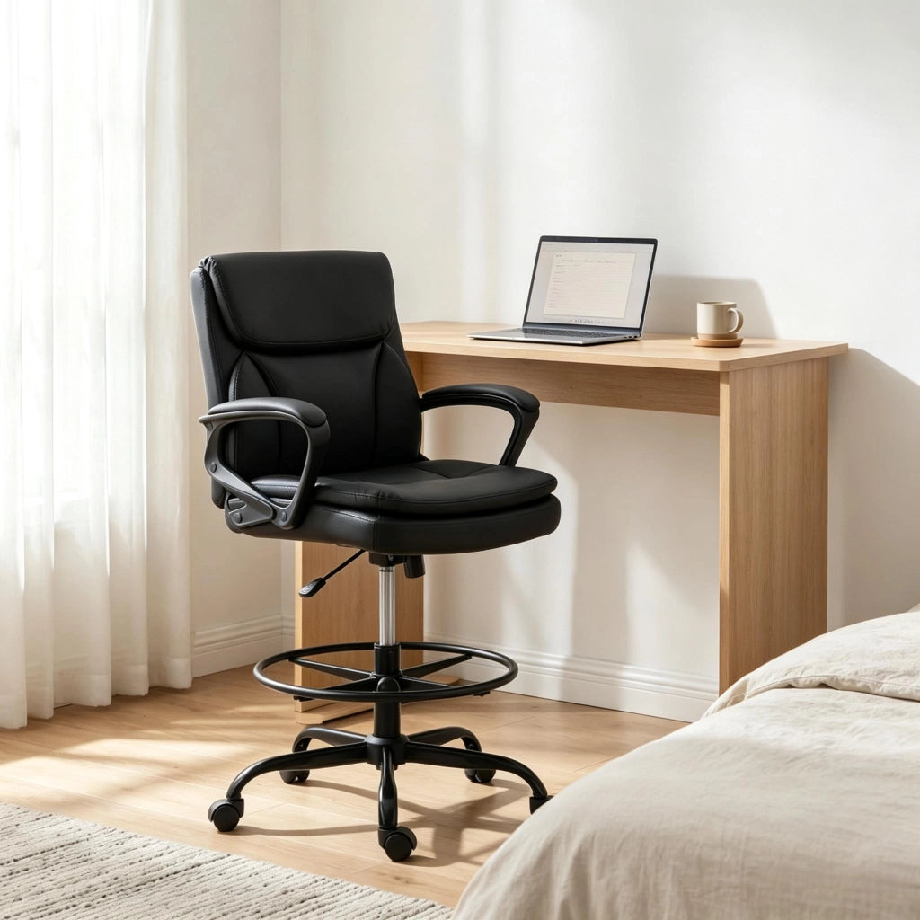 Sedia da ufficio girevole con poggiapiedi regolabile e schienale ergonomico in schiuma per scrivanie alte nero