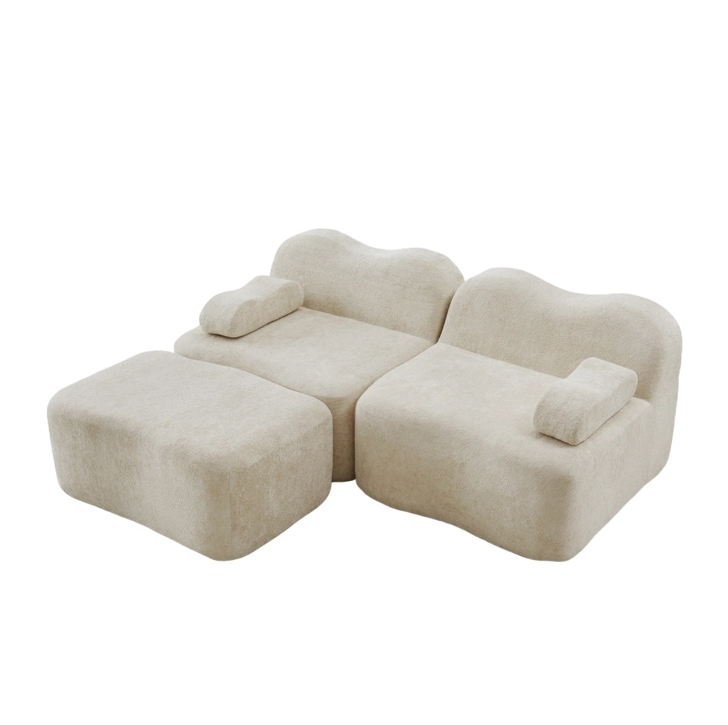 Divano angolare modulare 2 posti con pouf in velluto beige HOMVRA