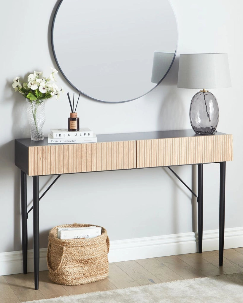 Tavolo consolle in MDF nero legno di frassino naturale fronte a coste 2 cassetti corridoio moderno camera da letto