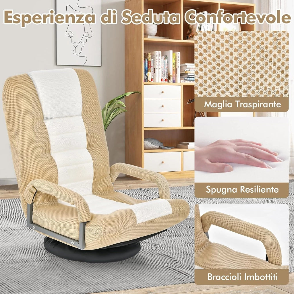 Sedia da Pavimento Pighevole, Sedia da Terra con Braccioli, Poltrona da Yoga Portatile e Girevole, Poltrona con Schienale Regolabile a 5+2 Livelli, Portata 150 kg (Marrone chiaro)