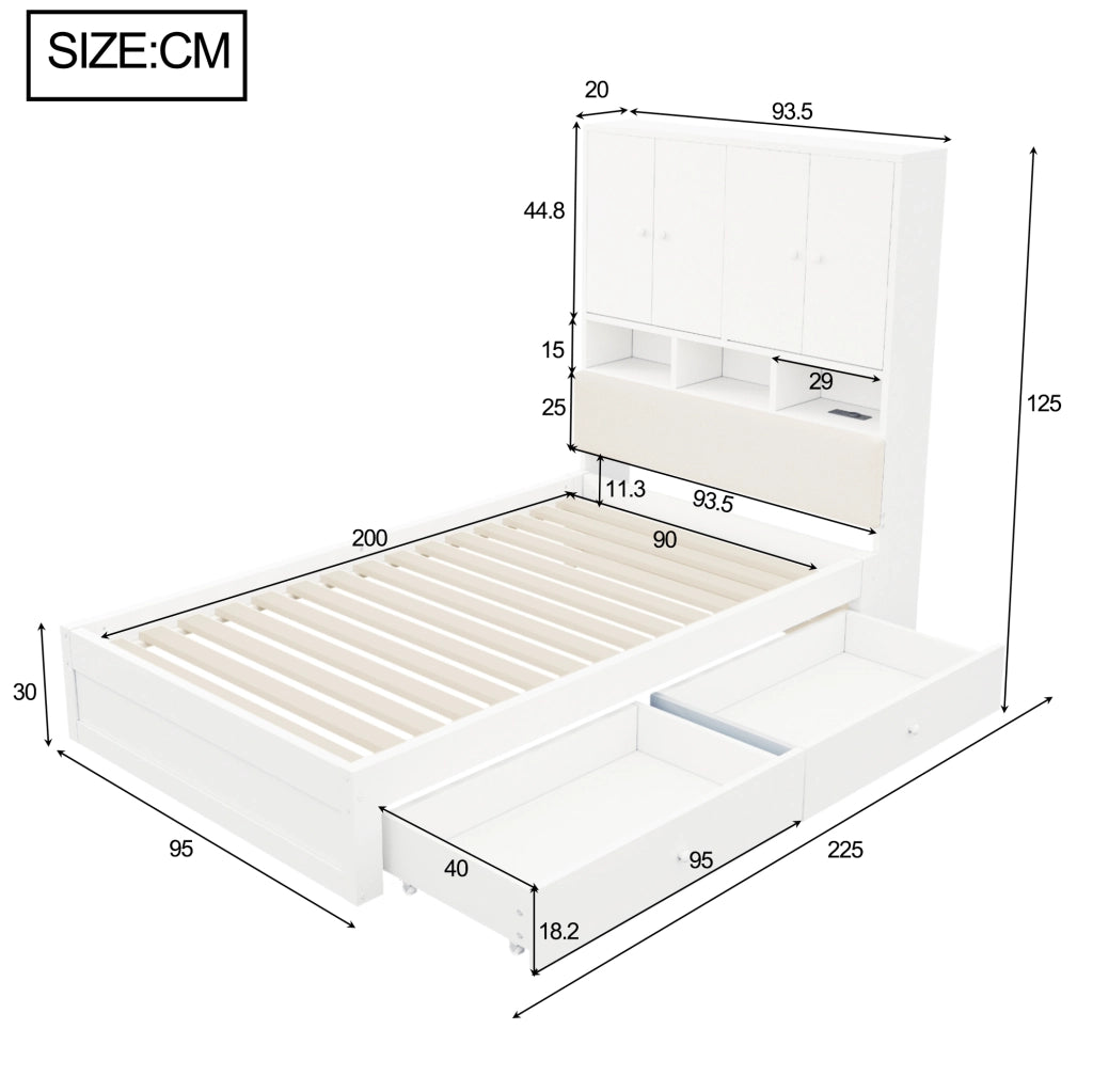 Letto singolo multifunzionale 90x200 cm con LED; presa; cassetti e testiera imbottita; bianco