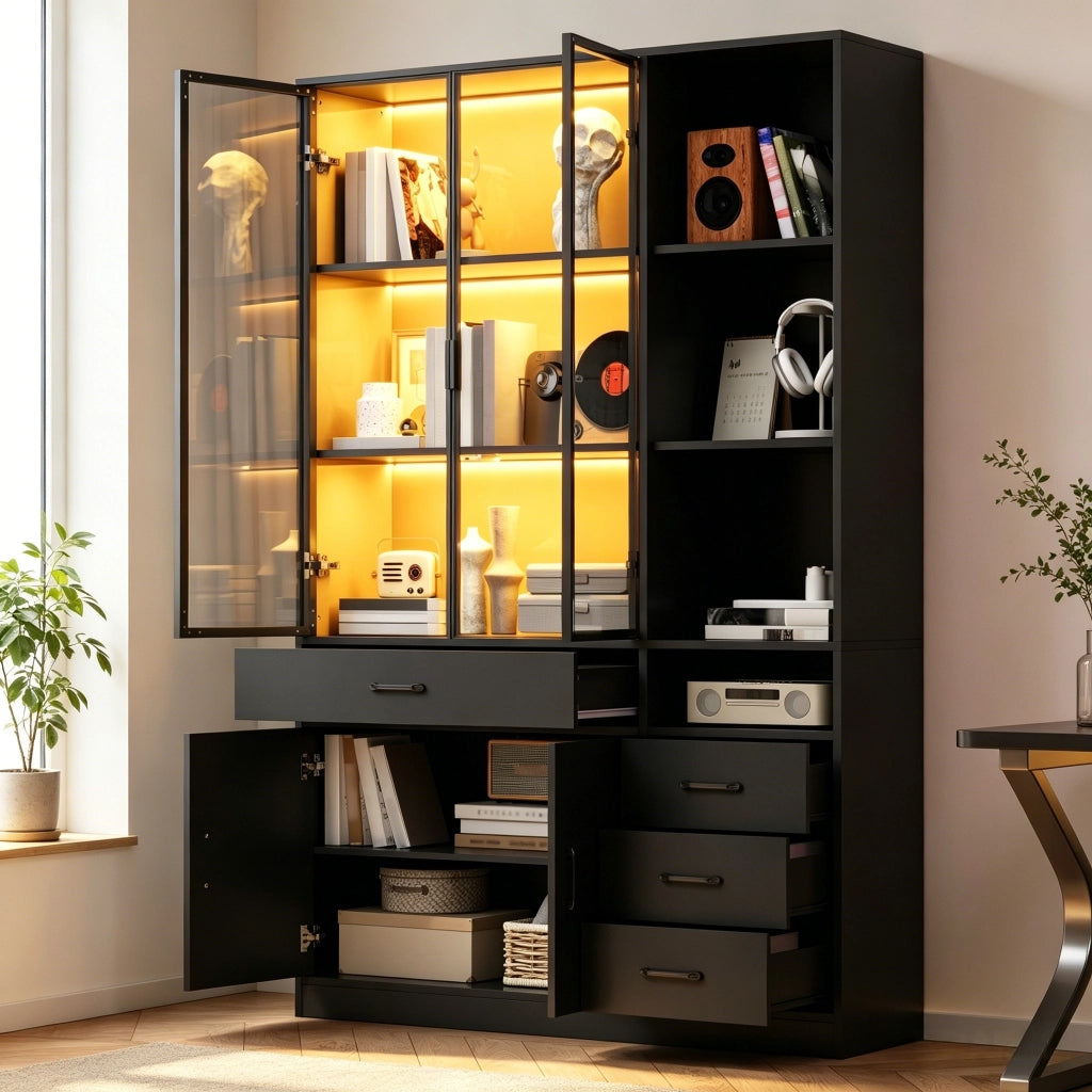 Libreria con 4 cassetti; 4 ante e illuminazione LED - per soggiorno - 120 x 35 x 200 cm - nero