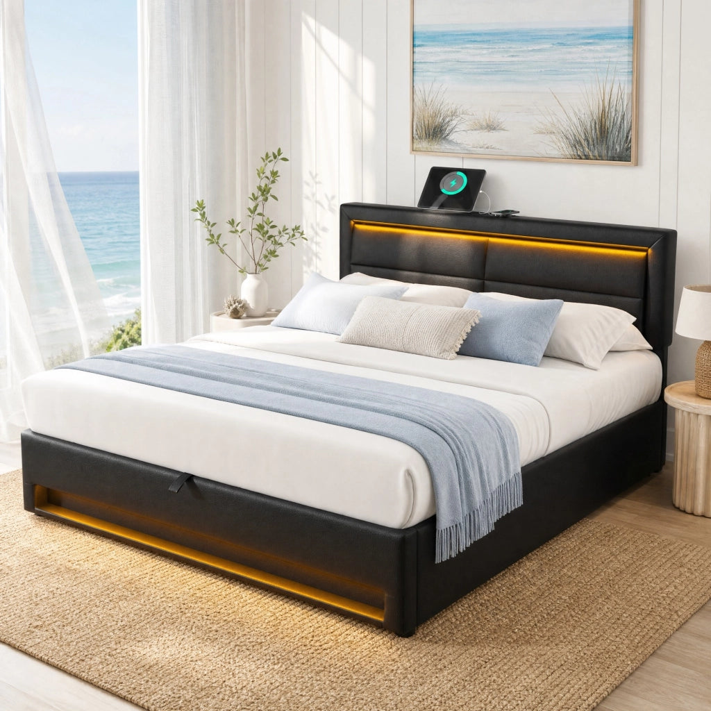 LETTO imbottito 140x190 cm PU nero con USB, LED e contenitore