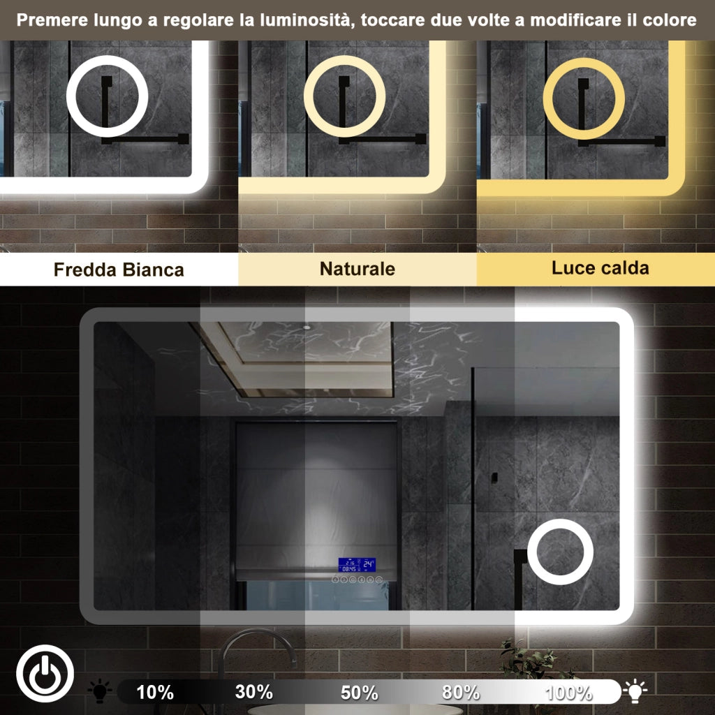 specchio rettangolare 120x70 cm con luce dimmerabile a 3 colori, bluetooth, antiappannamento e ingranditore 3x