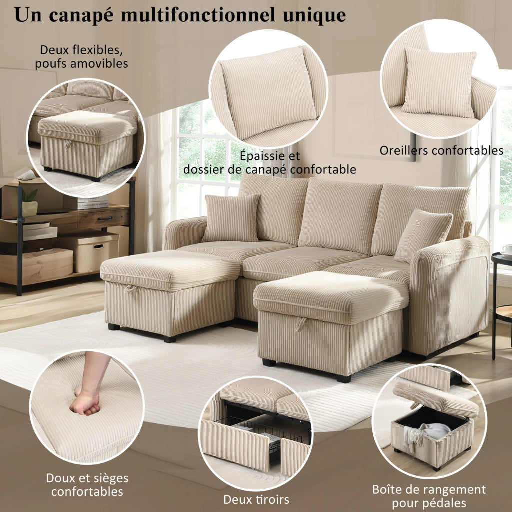 Divano angolare convertibile 3 Posti con Contenitore, 2 Pouf contenitore e Cuscini, in Velluto a coste Beige