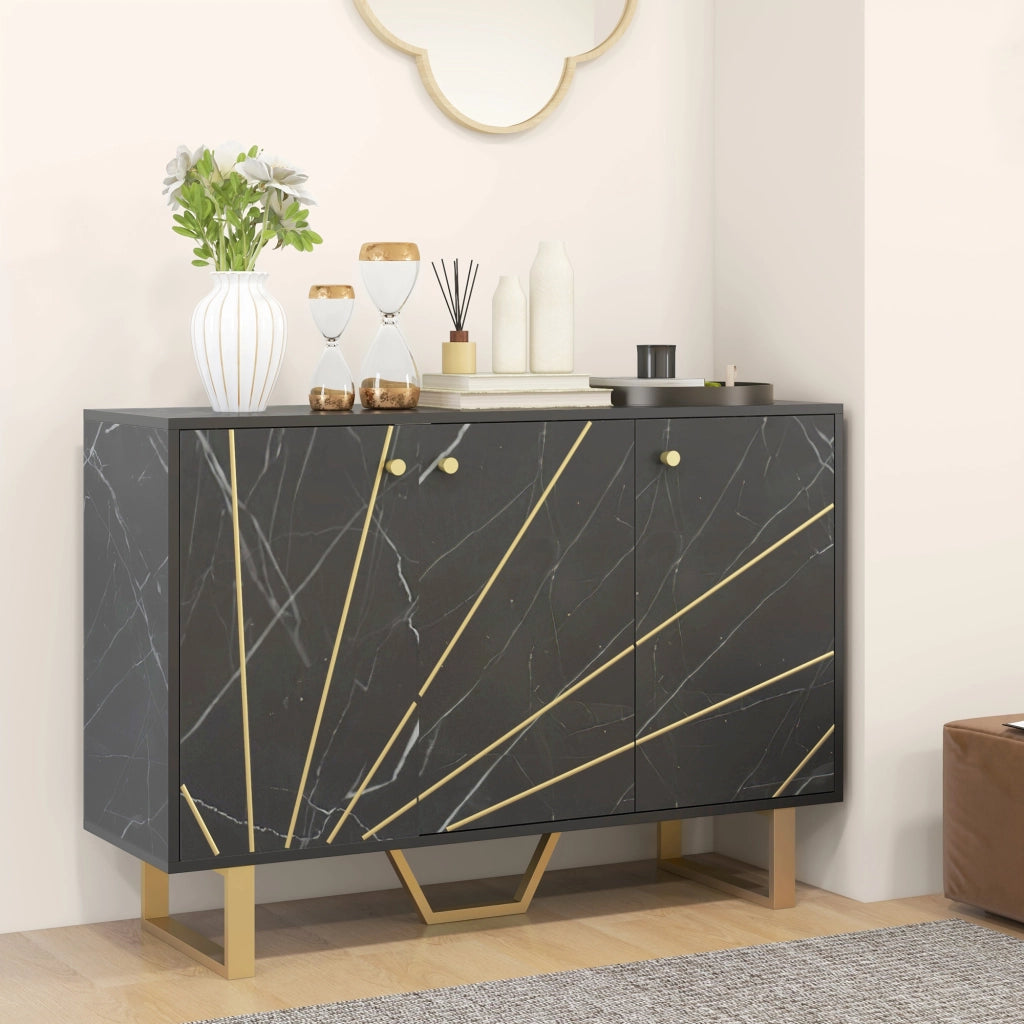 Buffet con 2 ante 3 porte e ripiano regolabile ¨C Zephmum ¨C Nero effetto marmo con gambe metallo
