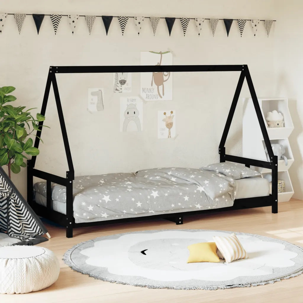 Giroletto per Bambini | Letto Infantile | Lettino Nero 80x200 cm in Legno Massello di Pino