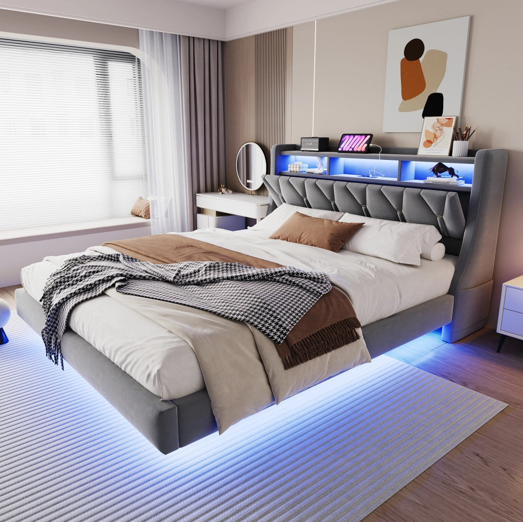 Letto matrimoniale imbottito 180x200 cm in velluto grigio con testiera pieghevole; LED e prese