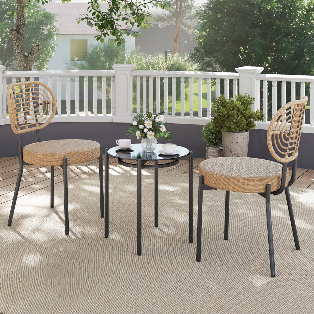 Set bistrò esterno 3 pz vimini pe sedie tavolino vetro temperato-Set conversazione patio mobili esterni balcone terrazza giardino