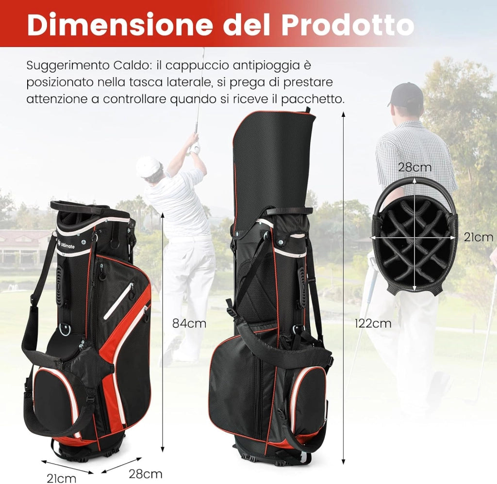 Sacca per Mazze da Golf, Borsa da Golf con Supporto, Divisori a 14 Vie, 6 Tasche, Borsa Frigo, Doppia Tracolla e Cappuccio Antipioggia, Ideale per Uomini e Donne