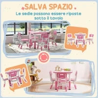 Set Tavolo e Sedie per Bambini 5pz con 4 Sedie Regolabili 32x36x52.5-56 cm e Tavolo 60x60x46-58 cm, Rosa