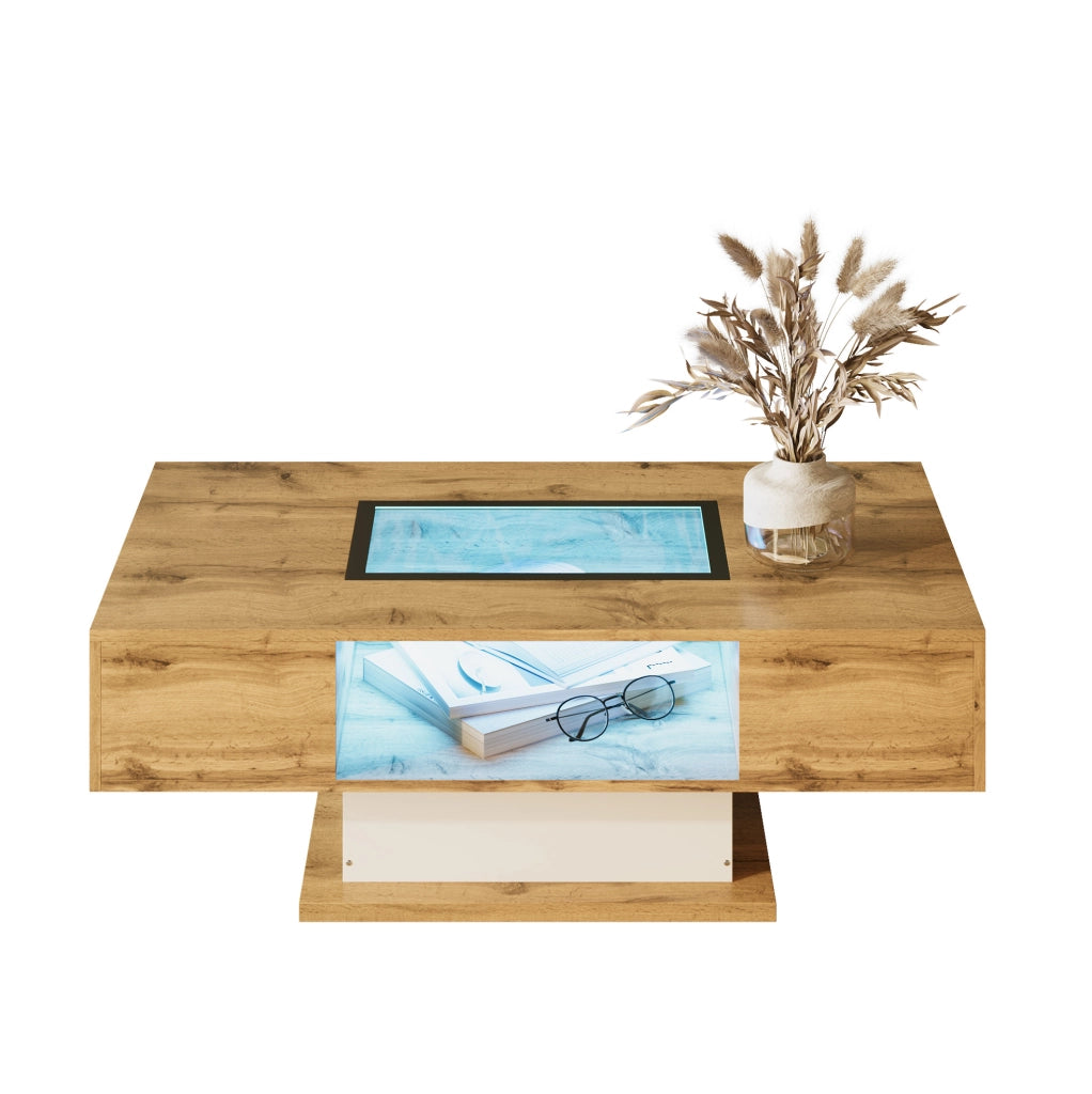 Tavolino da salotto con LED controllabile da app; piano in vetro; 110;2x60x39;7 cm; bianco e legno