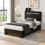 Letto imbottito 90x200 cm in PU nero con USB; illuminazione LED e 4 cassetti