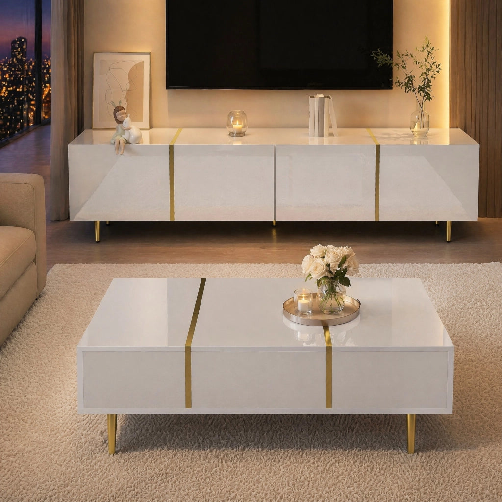 MOBILE TV e Tavolino Set 2 unità 170/100 cm MDF Bianco lucido