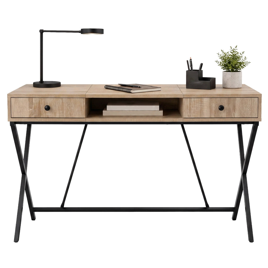 Scrivania PC industriale Rovere Sonoma CROSSLINE 120 cm 2 cassetti 1 ripiano gambe nere