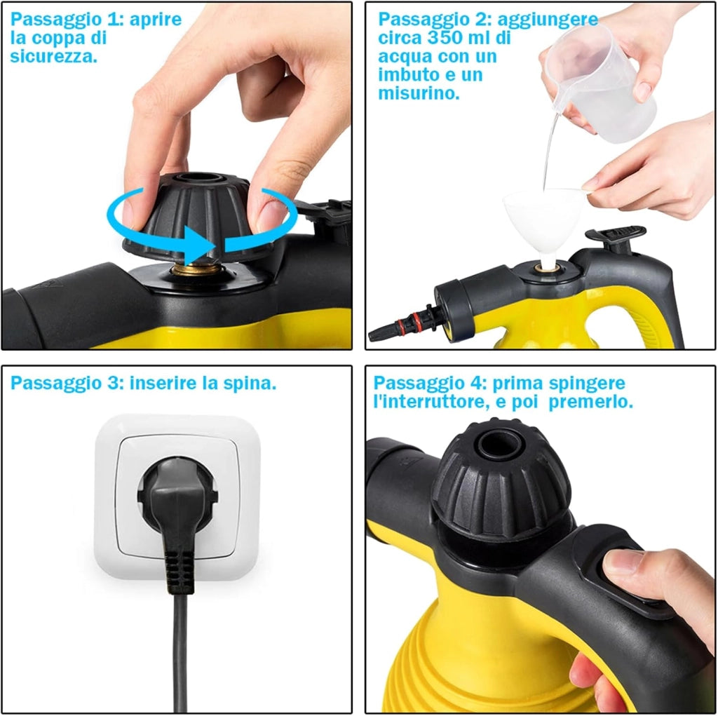Pulitore Vapore 350 ml, Pulitore a Vapore Portatile Multiuso 3 Bar, con 9 Accessori (Giallo)