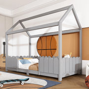 Letto a casetta per bambini 90x200 cm con barriera anticaduta e rete a doghe; in legno grigio
