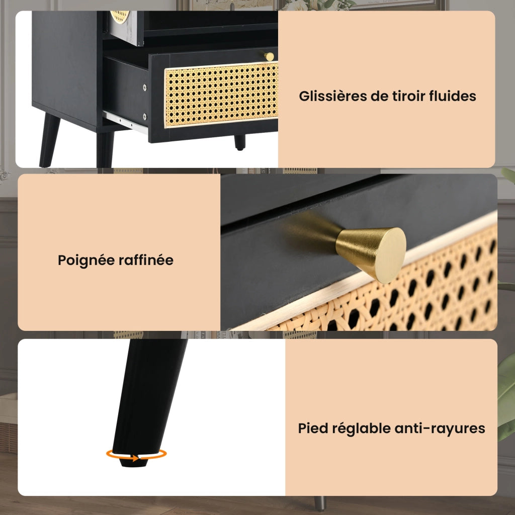 OKWISH Credenza Alta con 2 Ante e 1 Cassetto, Frontali Effetto Rattan, Piedini Regolabili, per Soggiorno, Nera, 60 x 40 x 110.5 cm