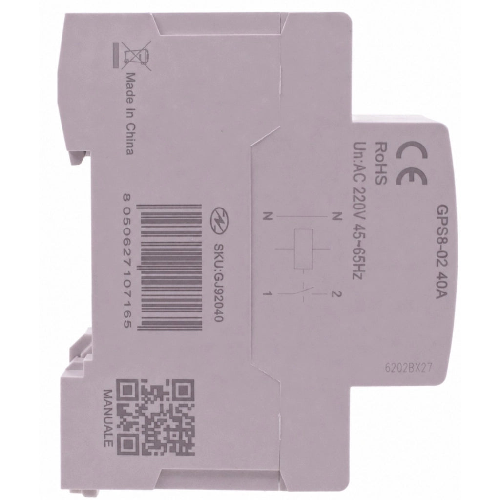 Relè Monitoraggio e Protezione Tensione Corrente con Display, 2P Monofase 40A AC220V, Protezione Sovra/Sottotensione e Sovracorrente, Guida DIN, Ingresso da Sotto, GPS8-02