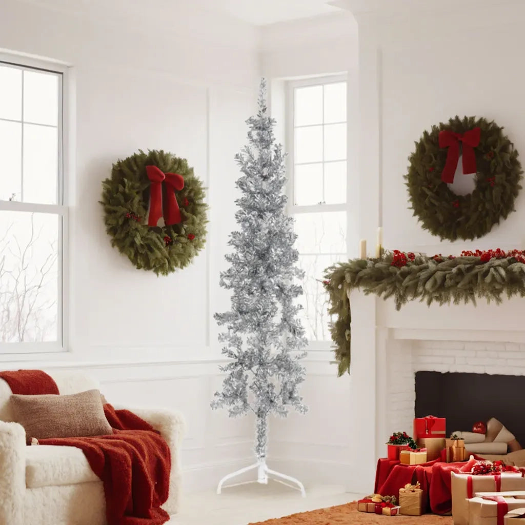 Albero Natale Artificiale Sottile a Met¨¤ Supporto-Albero Natalizio Argento 180cm