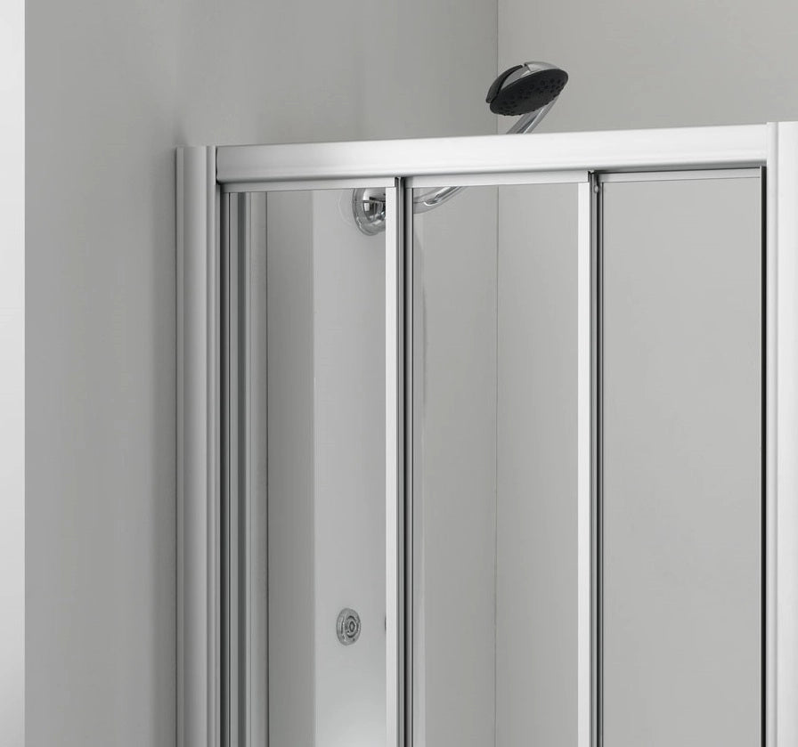 Porta doccia tre ante scorrevole bilaterale, argento, cristallo trasparente 3mm, h185 Merbo Tinez Trasparente 3mm,Argento satinato,70/76 cm