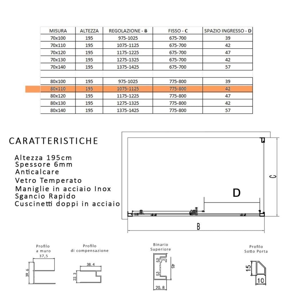 Box doccia tre lati con profili neri scorrevole anticalcare 195 lagoa, misura 80x110x80