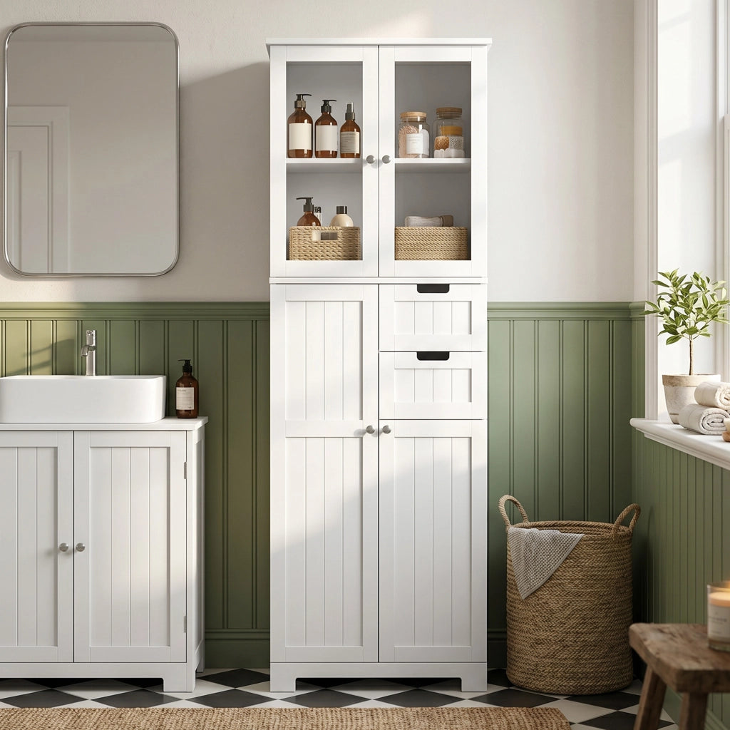 Mobile bagno alto con 4 ante e 2 cassetti, 60x30x170 cm, bianco