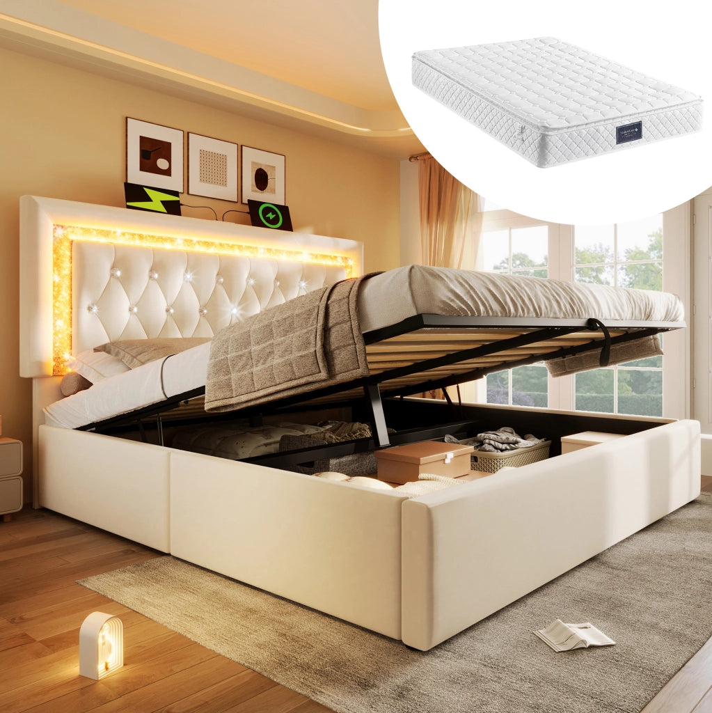 Letto matrimoniale 140x200 cm in velluto beige con LED, USB-C e materasso