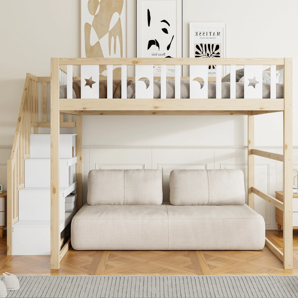 Letto a soppalco per bambini 140 × 200 cm con scala e ripiani, zona divano, senza materasso, legno massiccio bianco naturale