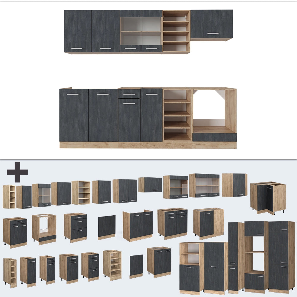 Cucina componibile R-Line Calce nera/Rovere dorato 240 cm PL Marmo Vicco