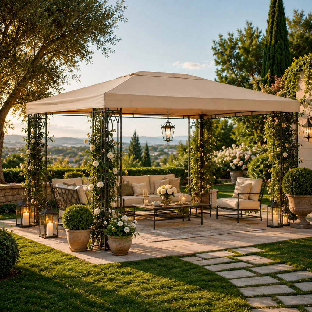 Telo Gazebo 3x4 Metri Ricambio Impermeabile In Poliestere PVC Con Velcro Rinforzato Protezione UV Per Giardino Terrazza Veranda Outdoor 300 X 400 Cm Beige