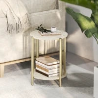 Tavolino Rotondo a 2 Piani con Ripiano di Stoccaggio e Struttura in Acciaio per Soggiorno Camera da Letto Ø41x49 cm Legno Naturale
