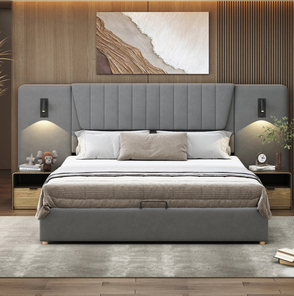 Letto matrimoniale imbottito 180x200 cm grigio con luci LED USB e contenitore
