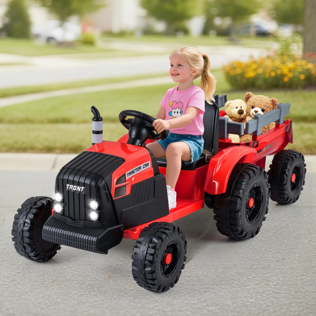 Trattore a pedali elettrico 24v per bambini veicolo con rimorchio staccabile, Trattore pedali per bambini partenza morbida Rosso-Macchinine giocattoli