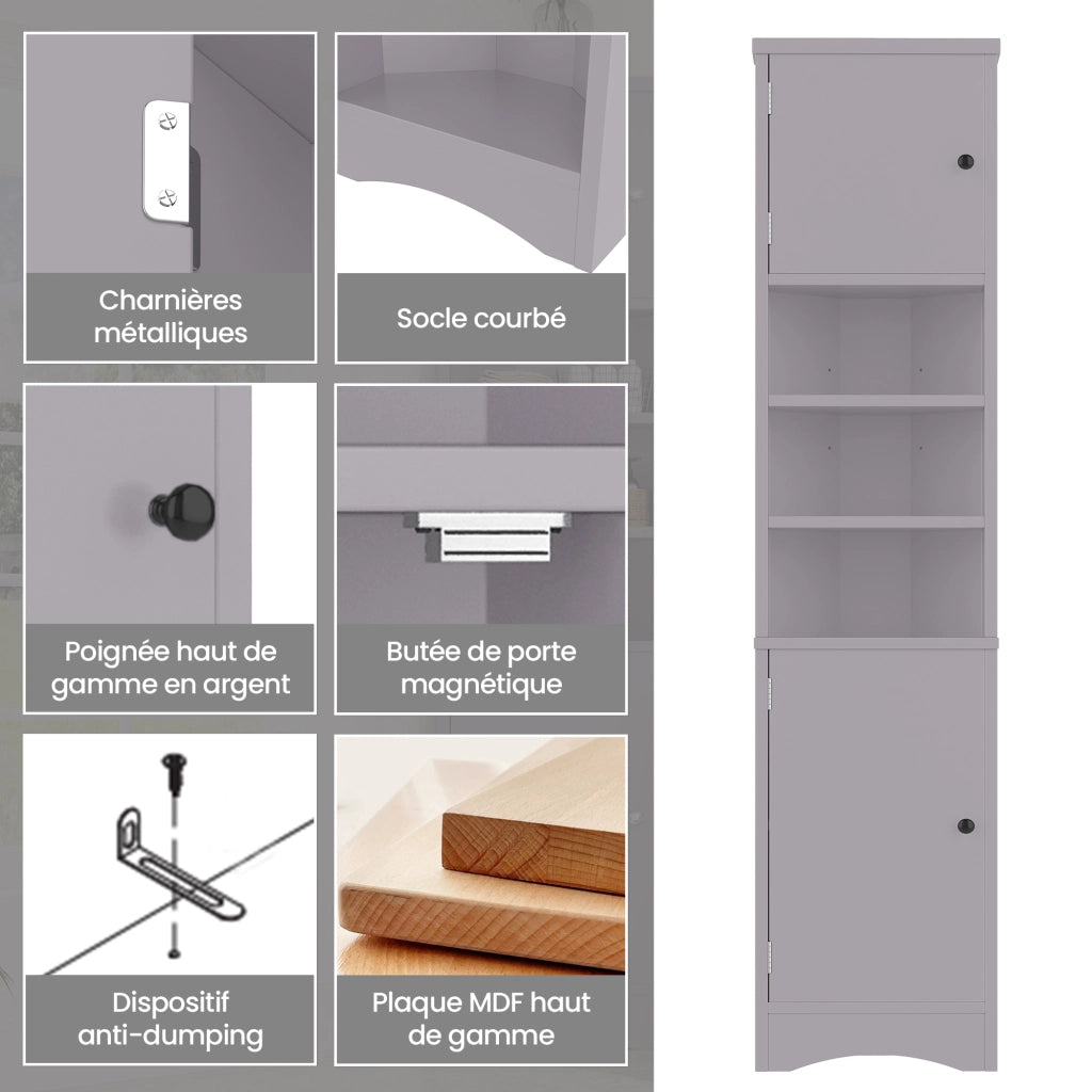 Armadietto da bagno angolare con 2 ante e 3 vani aperti, ripiani regolabili, in MDF, grigio, per bagno