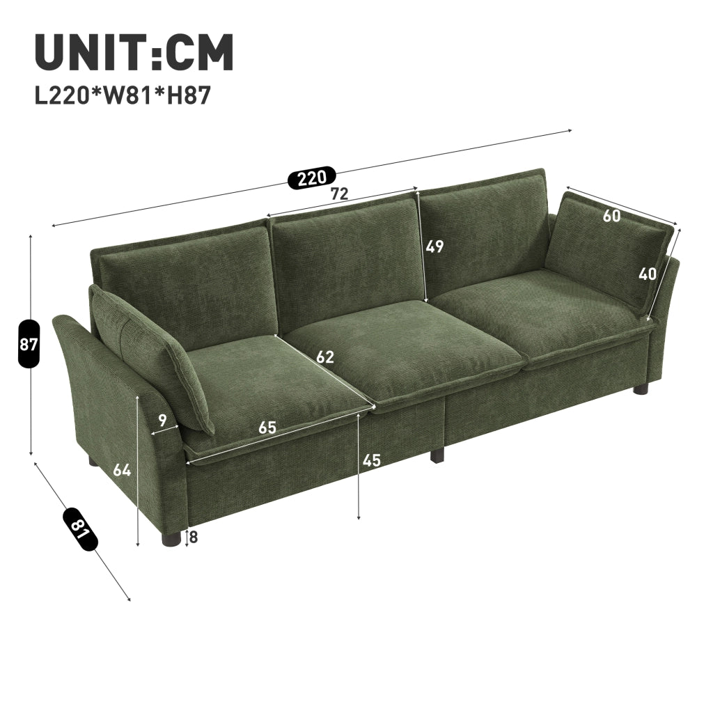 Divano 3 posti in chenille con cuscini per braccioli e struttura in metallo verde per soggiorno 220 × 81 × 87 cm