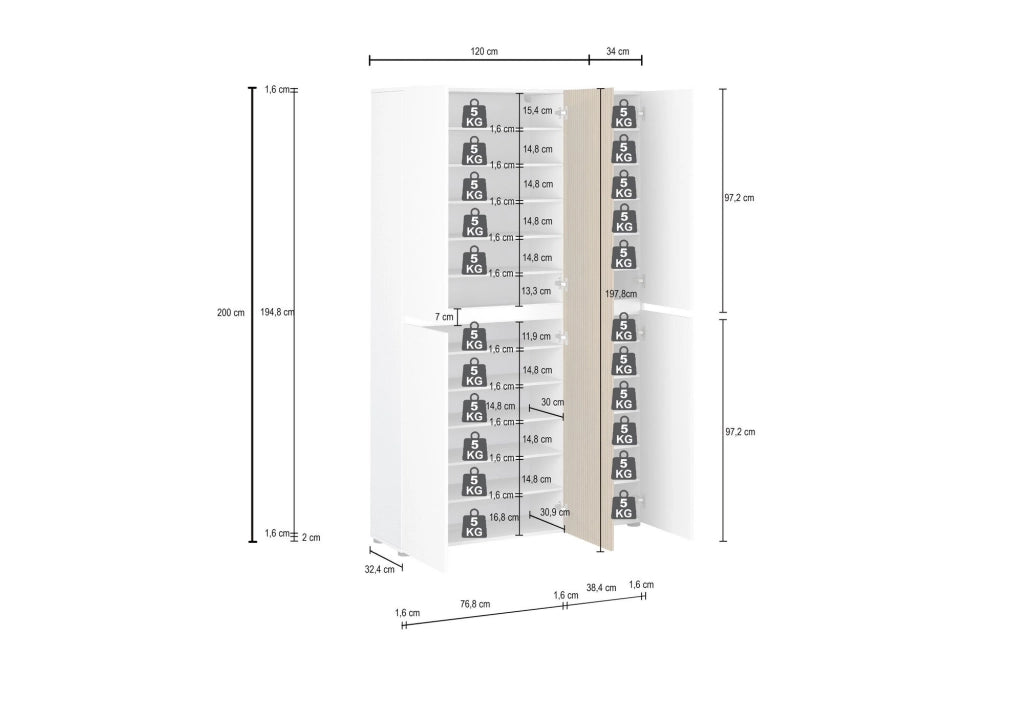 Palasio, Armadio Multiuso Grande 20 Ripiani Made in Italy, 120x200h cm Bianco Lucido