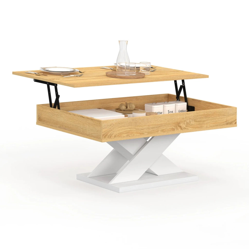 IDMarket - Tavolino rettangolare con piano rialzabile in legno ALICIA e base bianca