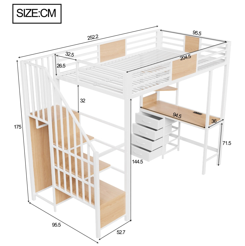 Letto a soppalco 90x200 cm con scrivania; LED e presa in metallo bianco