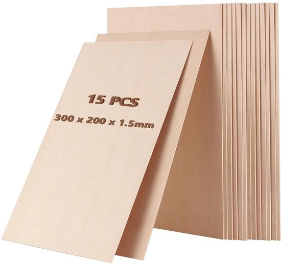 Pannelli di legno non trattato 15 pezzi 300 x 200 x 1,5 mm - Houtplaten per DIY - Modelismo - Fai da te - Pannelli di legno lisci - Pannelli di legno non trattato