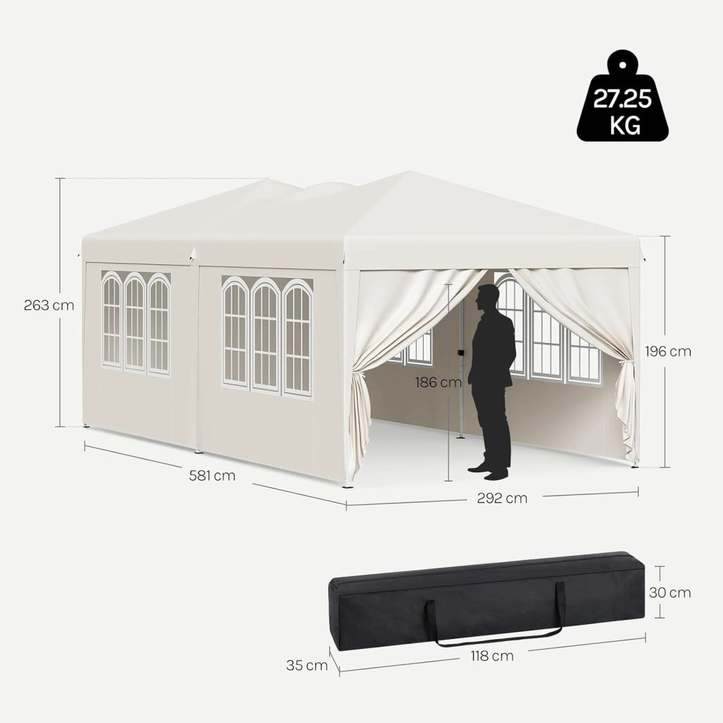 Gazebo Esterno Resistente 3x6 m, Tendone da Giardino con 6 Pareti Rimovibili, Sistema Pop-Up, Altezza Regolabile, Borsa da Trasporto, per Campeggio, Festa, Matrimonio, Beige