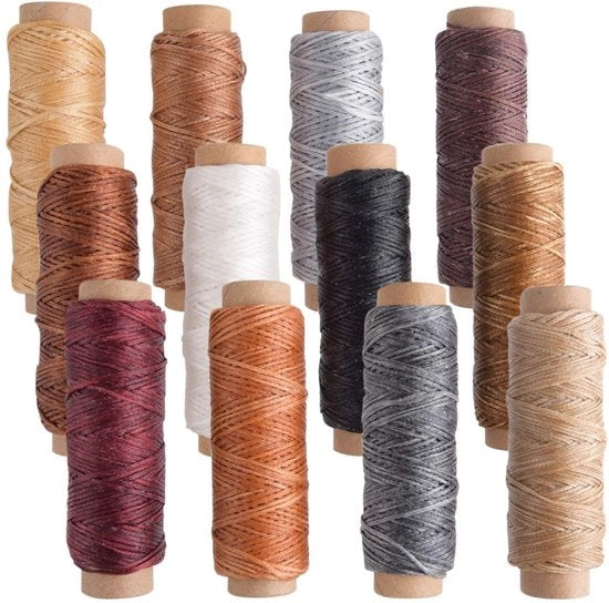 Filamento di cera 12 colori - 150D per cucito - Lavorazione pelle - Sostenibile - Leggero - Lunghezza totale 360 metri - Nastro per cucire
