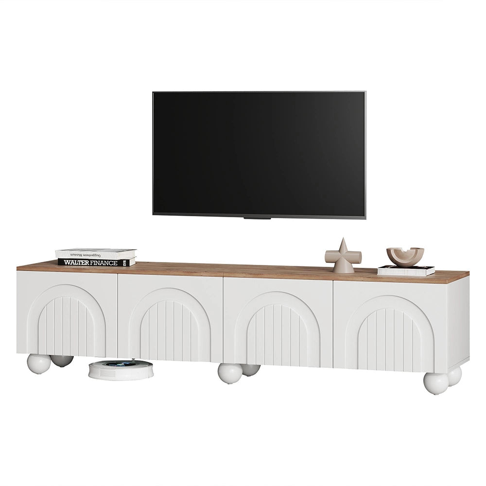Mobile TV 180x40x45cm - Xylo - 4 Ante, 6 Piedi Sferici, Legno e Bianco, fino a 80"