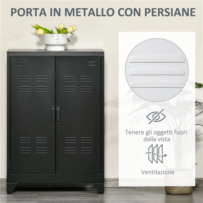 ARMADIETTO METALLICO A 2 ANTE IN STILE INDUSTRIALE PER CASA E GARAGE, 75X33X110 CM, NERO