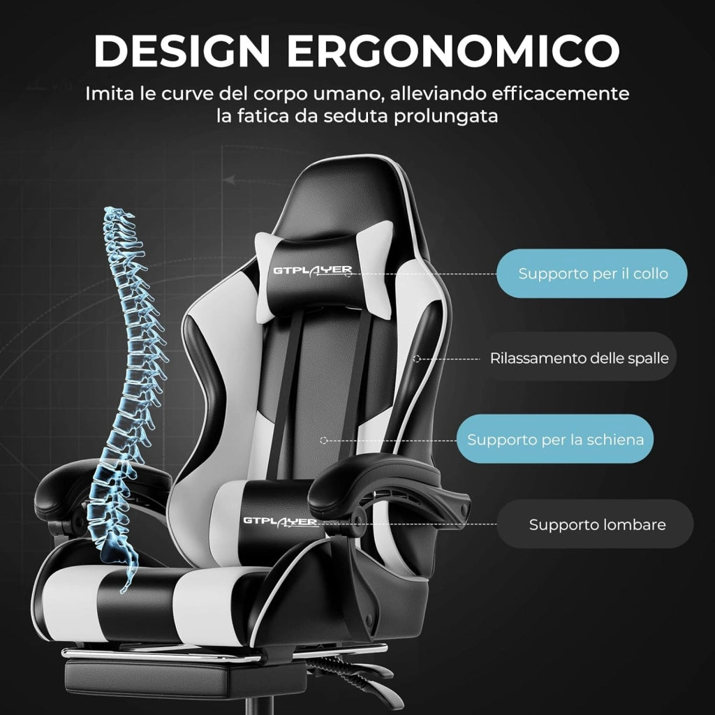 Sedia da Gaming Massaggiante ed Ergonomica con Schienale Regolabile, Poggiapiedi e Supporto Lombare - Reclinabile, Bianco