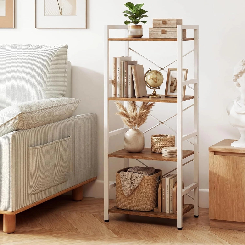 Libreria a 4 Ripiani, Scaffale Portaoggetti con Struttura in Metallo, con Ripiani Aperti e Design Anti-caduta, per Soggiorno Ufficio Casa, 41,5x27,5x100 cm (Naturale)