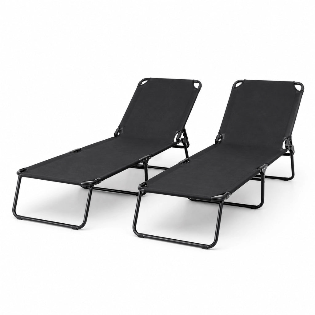 Set 2 Lettini Mare Pieghevoli Senza Tettuccio Sdraio Con Schienale Regolabile Telaio Acciaio Telo Traspirante 24 x 187 x 53 Cm Nero