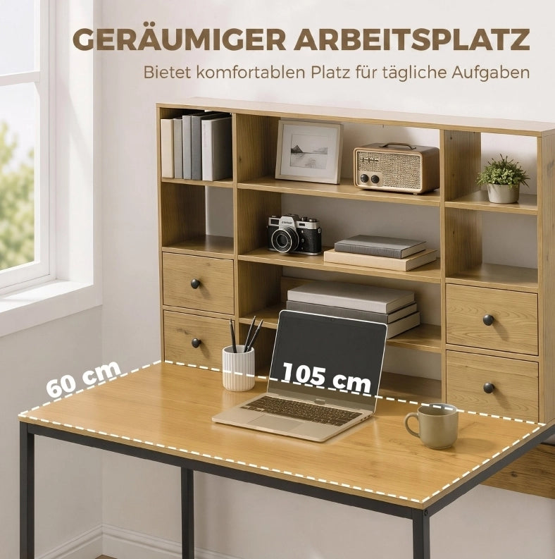 Scrivania con 4 cassetti e ripiani, piano 105 cm, effetto legno naturale