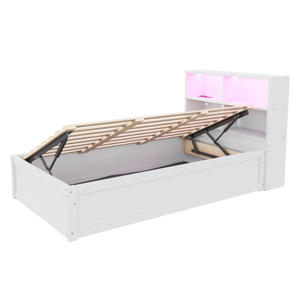 OKWISH Letto a divano 90×200 cm, Letto Singolo con Multipresa, 4 Vani Portaoggetti e LED, senza Materasso, in Legno, Bianco